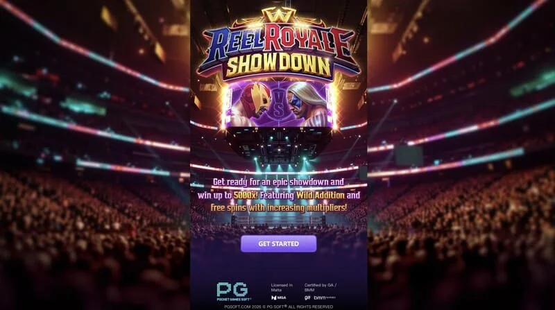Reel Royale Showdown – pagrindinis ekranas su būgnais ir trimis Wild Addition langeliais